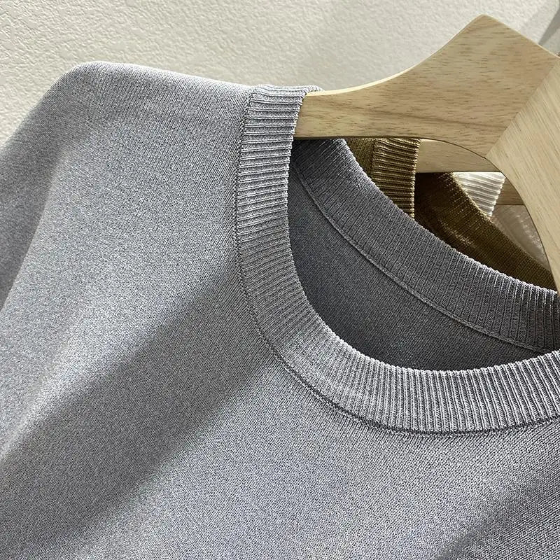 Women's T-shirt Summer O Neck Knitted Fashion Woman Blouse 2026 Short Sleeve Tees Solid Color Ice Silk Oversized T-shirt Women