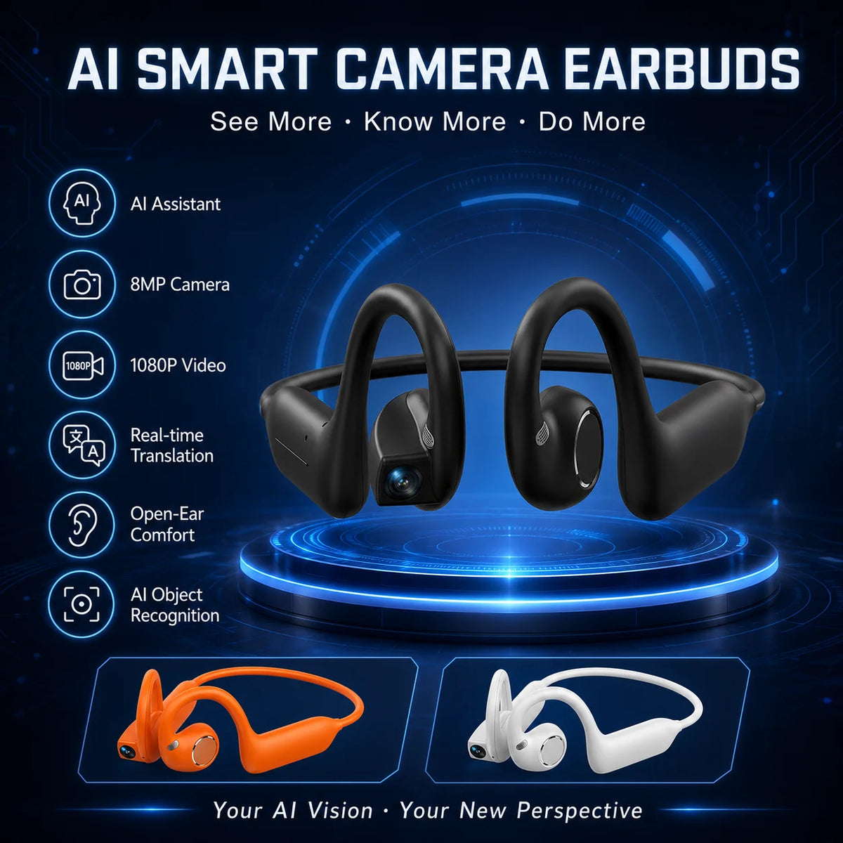 2026 AI Camera Headphones 8MP HD Photos 1080P Stabilized Video Real-Time Translation Voice Recording Bluetooth Calls Headphones