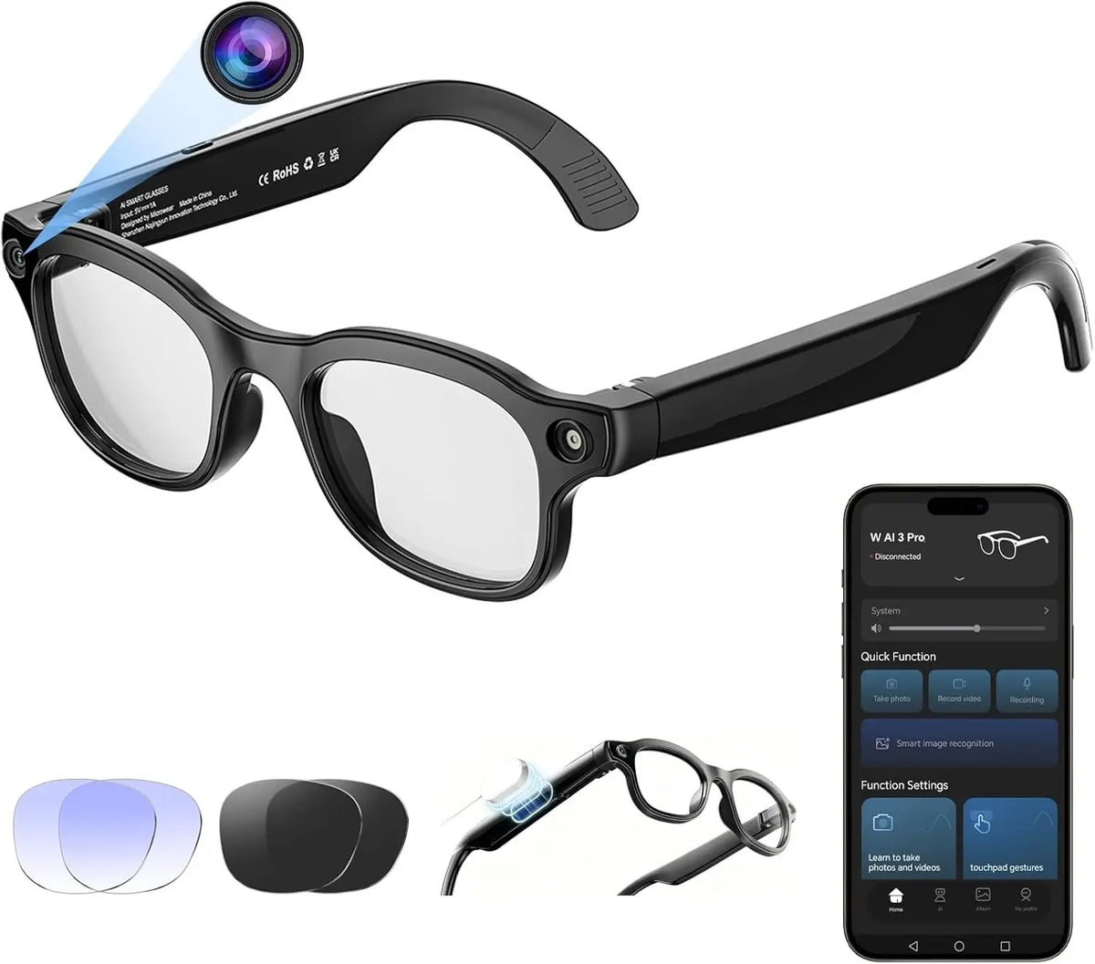 2026New AI Smart Glasses 3Lens 13MP Camera 4K Video Recording 100+ AI Languages Translation Sunglasses Bluetooth Call Music Play