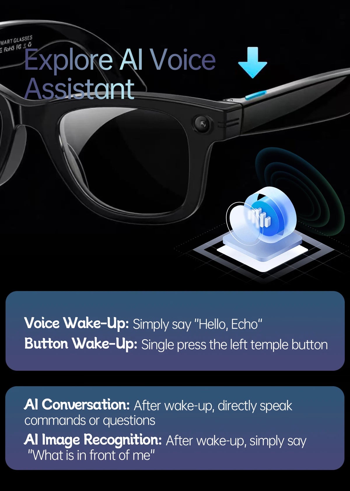 AI 5 Million Pixels Smart Glasses Recording Videos Photo Recognition Answer Translation 290mAh IP66 Waterproof Bluetooth Glasses