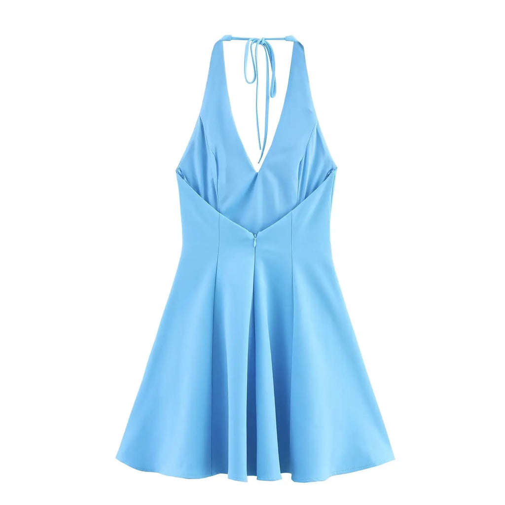 HH Women Summer Sexy V-Neck Sleeveless Backless Party Dress New Fashion Woman Solid Rear Zipper Pleated Short Dress Mujer