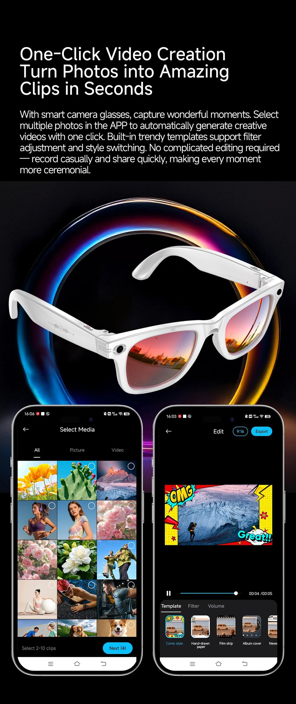LIGE New AI Smart Glasses 1300W Pixel Camera 4K Video AI Translation Music Player BT Call Waterproof Color Change Sunglasses Men