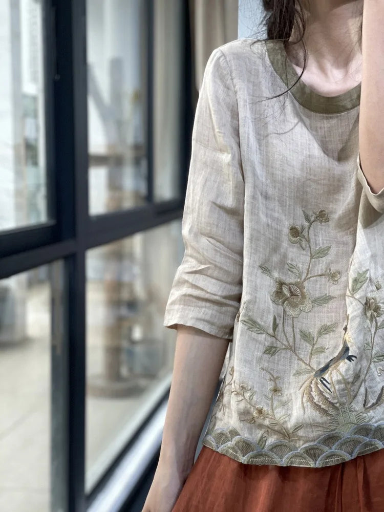 THHONE Summer Fashion Woman Tees 2025 Floral O-Neck T Shirt Tops Casual Vintage Patchwork Loose Embroidery Camisetas Top Mujer