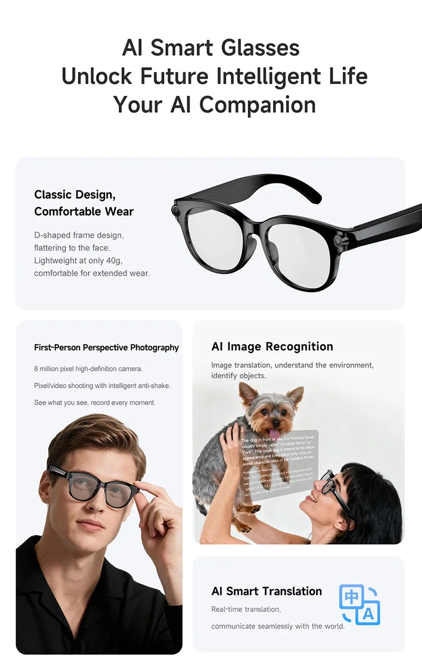 AI Smart Glasses 800W Shooting Camera HD Photo Video Voice Call Translation Waterproof Bluetooth AI Motorcycle Glasses
