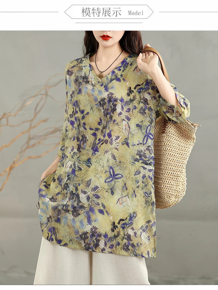 THHONE Fashion Woman Blouse Cotton Linen Casual Blusa Mujer Camisas Women's Clothing Summer Print Loose V-Neck Vintage Shirts