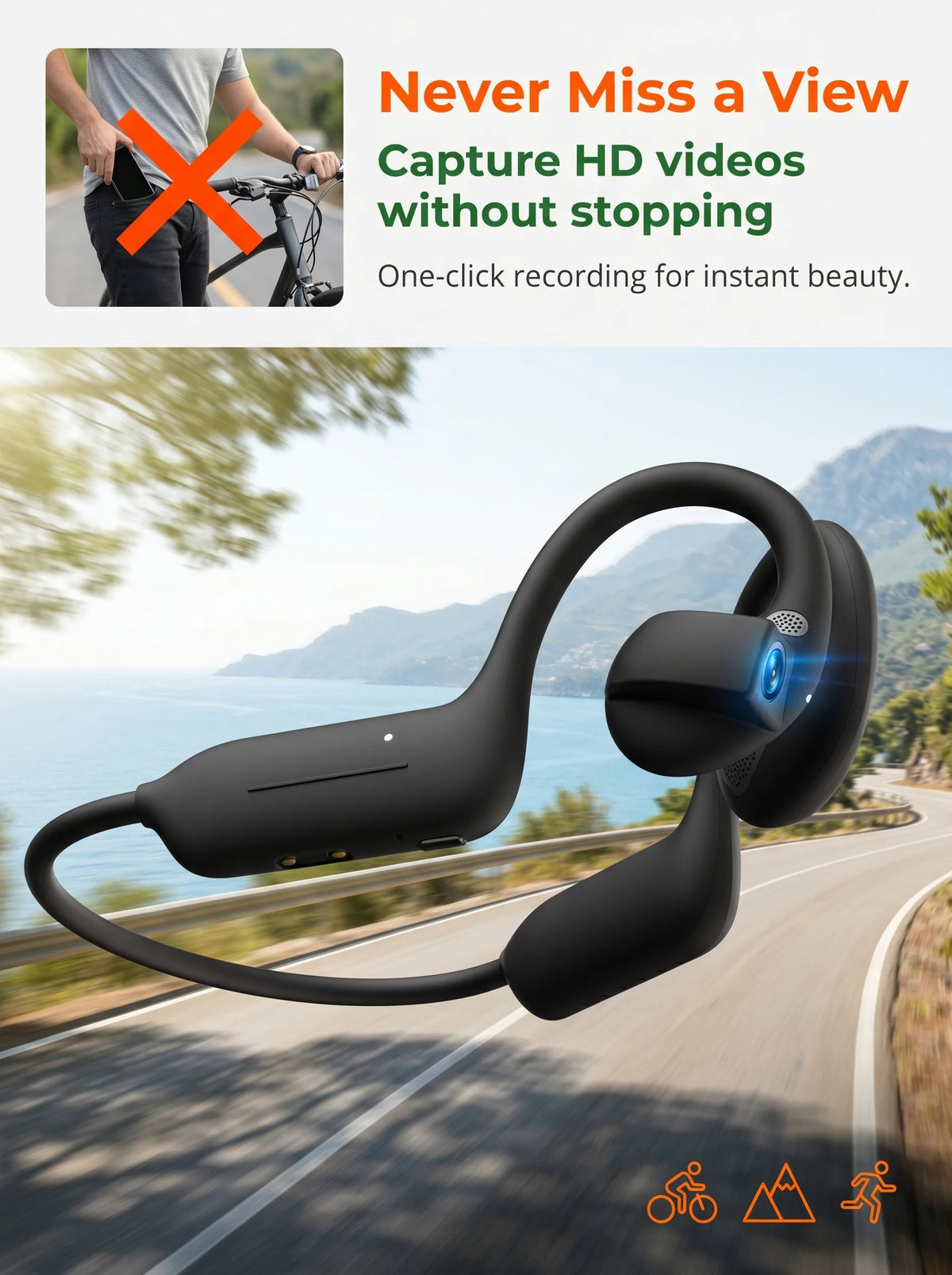 AI Camera Headphones 8MP HD Recording Smart AI Translation Ear Hanging Air Conduction Earphones Bluetooth Outdoor Cycling Record