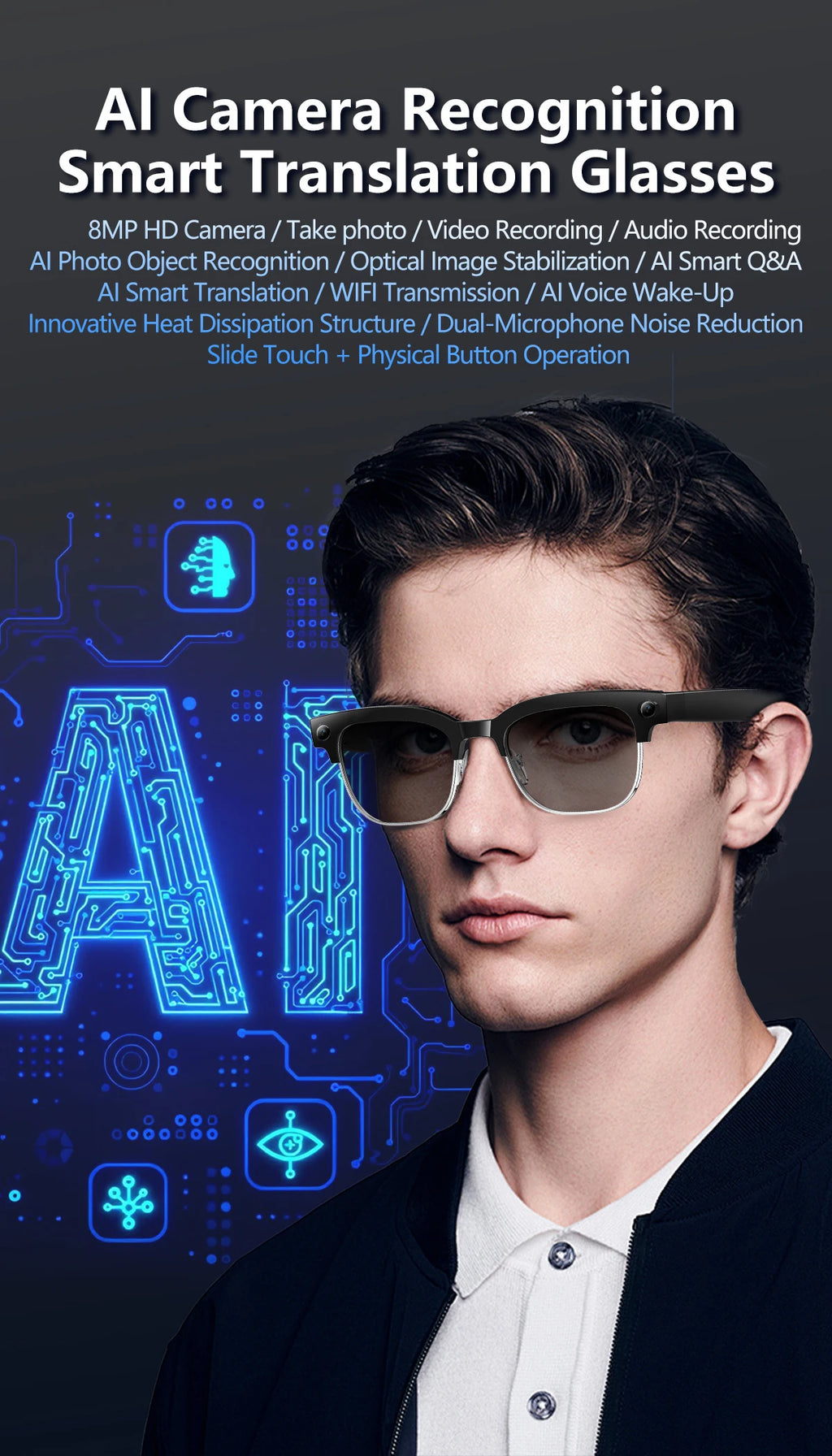 2026 New Smart Glasses with AI Intelligent Q&A Photography Recording Intelligent Translation 800W Camera Bluetooth Smart Glasses