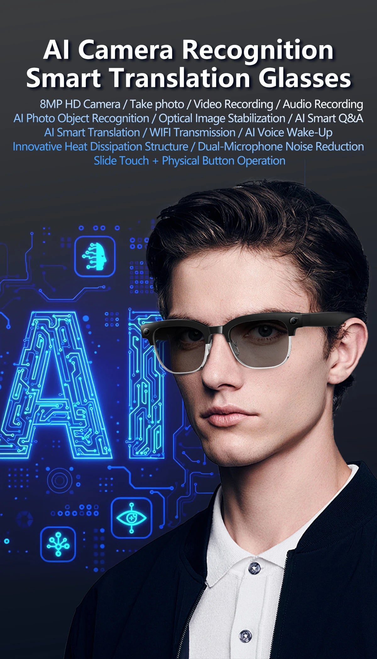 2026 New Smart Glasses with AI Intelligent Q&A Photography Recording Intelligent Translation 800W Camera Bluetooth Smart Glasses