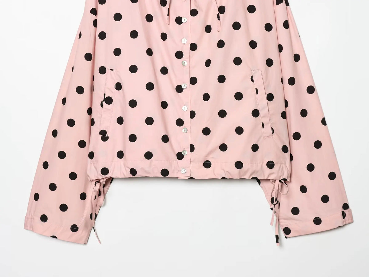 HH Spring Women Casual High Street Jacket Fashion Woman Long Sleeve Pink Polka Dot Jacket Single Breasted High Collar Short Coat