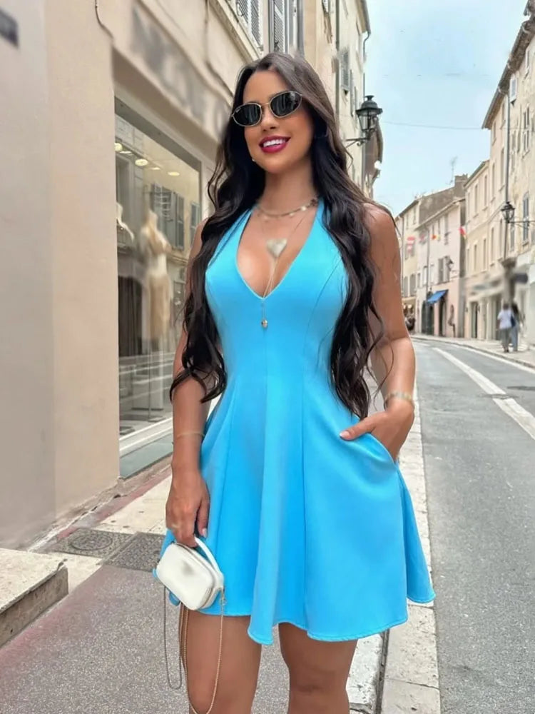 HH Women Summer Sexy V-Neck Sleeveless Backless Party Dress New Fashion Woman Solid Rear Zipper Pleated Short Dress Mujer