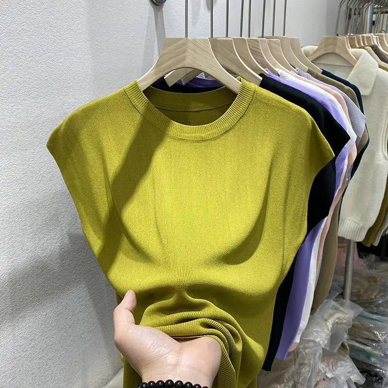 Women's T-shirt Summer O Neck Knitted Fashion Woman Blouse 2026 Short Sleeve Tees Solid Color Ice Silk Oversized T-shirt Women