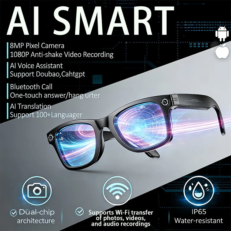 AI Smart Glasses with 8MP Camera Video Recording 100+ Languages Translation Sunglasses Bluetooth Call Music Play Men Women 2026