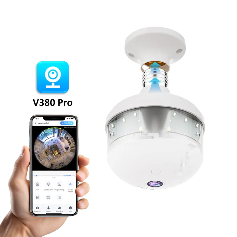 V380 PRO App Fisheye Len 360 Panoramic View E27 Socker Holder Bulb 3MP Camera Night Vision WiFi CCTV Camera