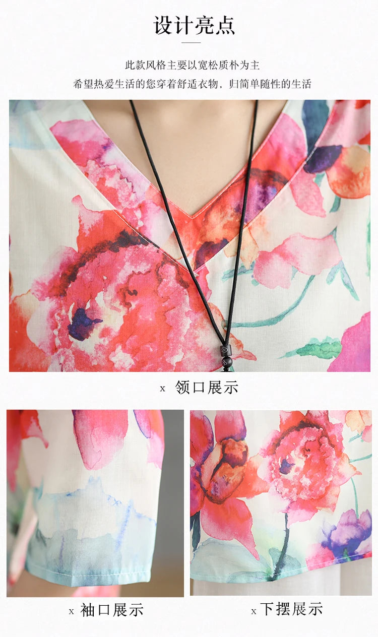 THHONE Fashion Woman Blouse Cotton Linen Casual Blusa Mujer Camisas Women's Clothing Summer Print Loose V-Neck Vintage Shirts