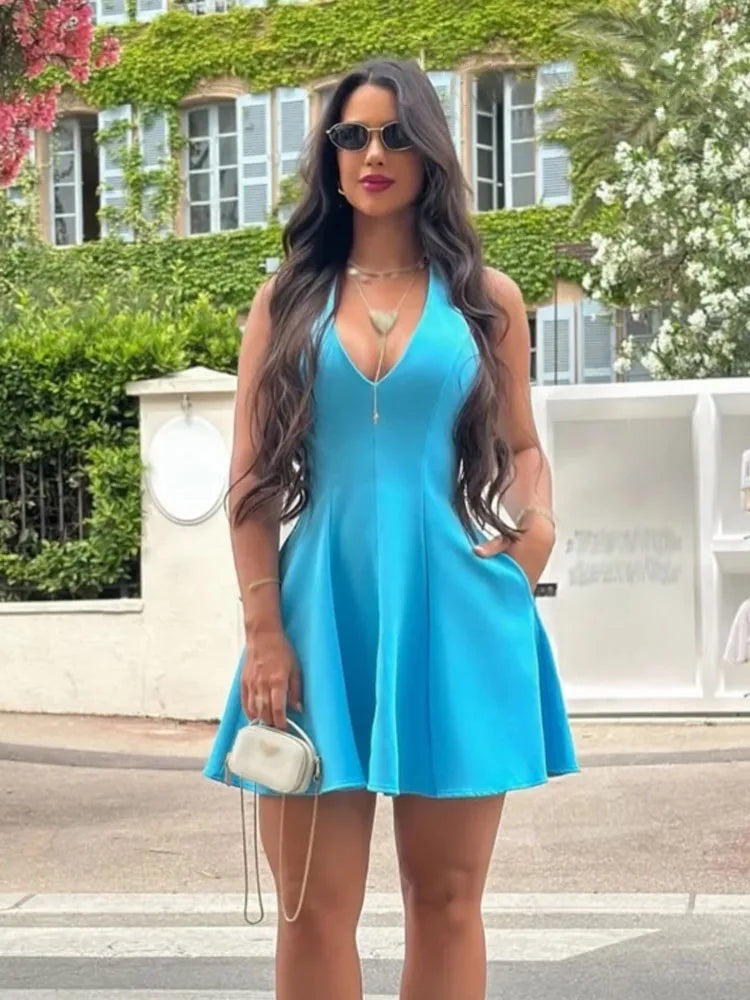 HH Women Summer Sexy V-Neck Sleeveless Backless Party Dress New Fashion Woman Solid Rear Zipper Pleated Short Dress Mujer