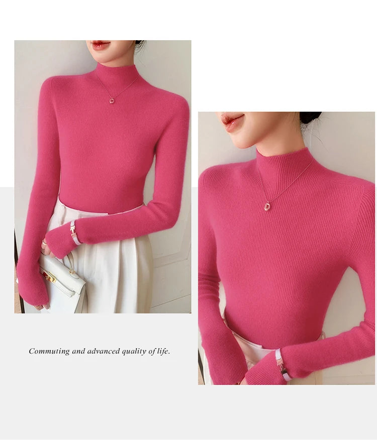 Fashion Woman Autumn Winter Sweater Elegant Female Merino Wool Knitwear Slim Pullover Cashmere Lady Long Sleeve Clothing Tops