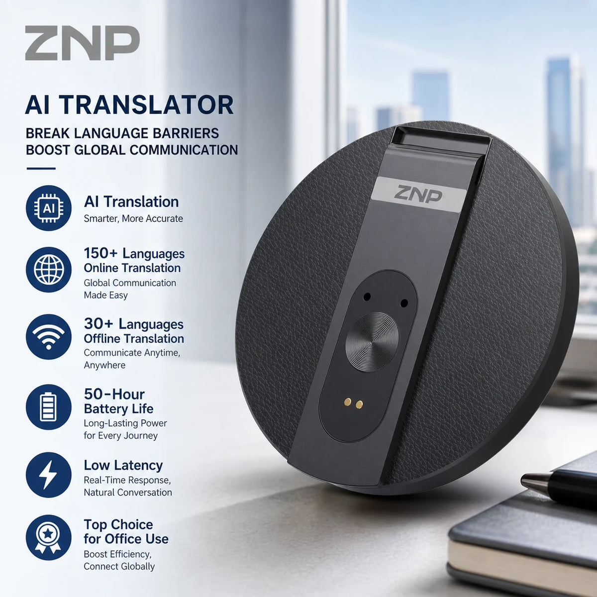 ZNP Magnetic Ultra-thin AI Voice Translator Wireless Bluetooth Portable Foldable Phone Stand 50 Hrs Playback Supports Offline