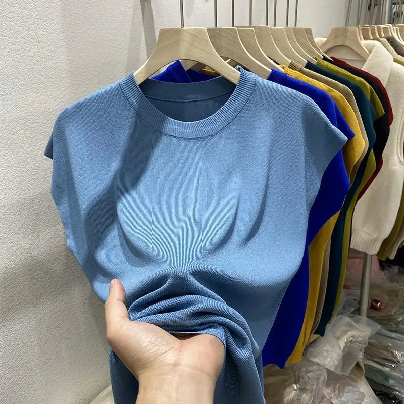 Women's T-shirt Summer O Neck Knitted Fashion Woman Blouse 2026 Short Sleeve Tees Solid Color Ice Silk Oversized T-shirt Women
