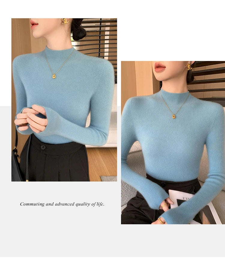 Fashion Woman Autumn Winter Sweater Elegant Female Merino Wool Knitwear Slim Pullover Cashmere Lady Long Sleeve Clothing Tops