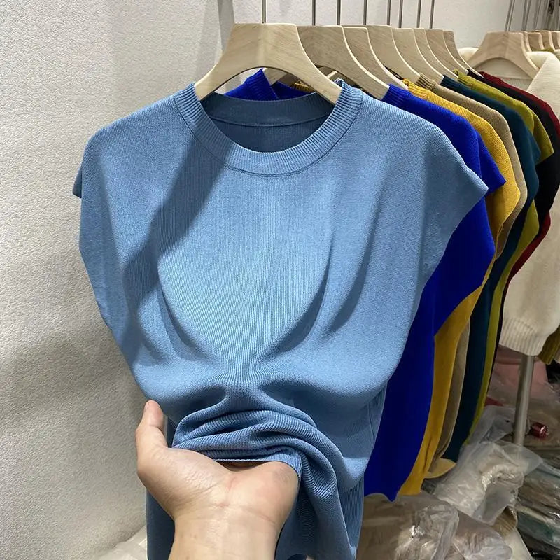 Women's T-shirt Summer O Neck Knitted Fashion Woman Blouse 2026 Short Sleeve Tees Solid Color Ice Silk Oversized T-shirt Women
