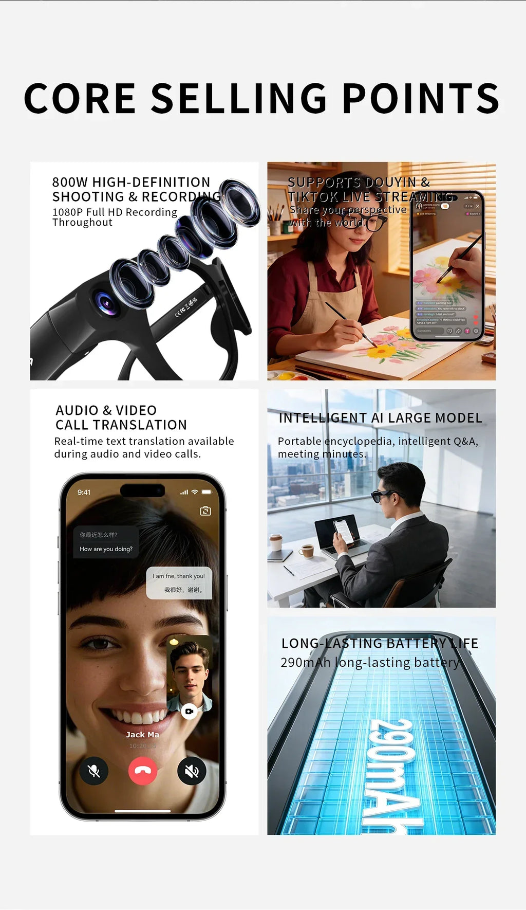 New Fashionable Smart Glasses Intelligent AI Large Model 800W HD Camera 290mAh Battery AI Translation Smart Glasses Men Women