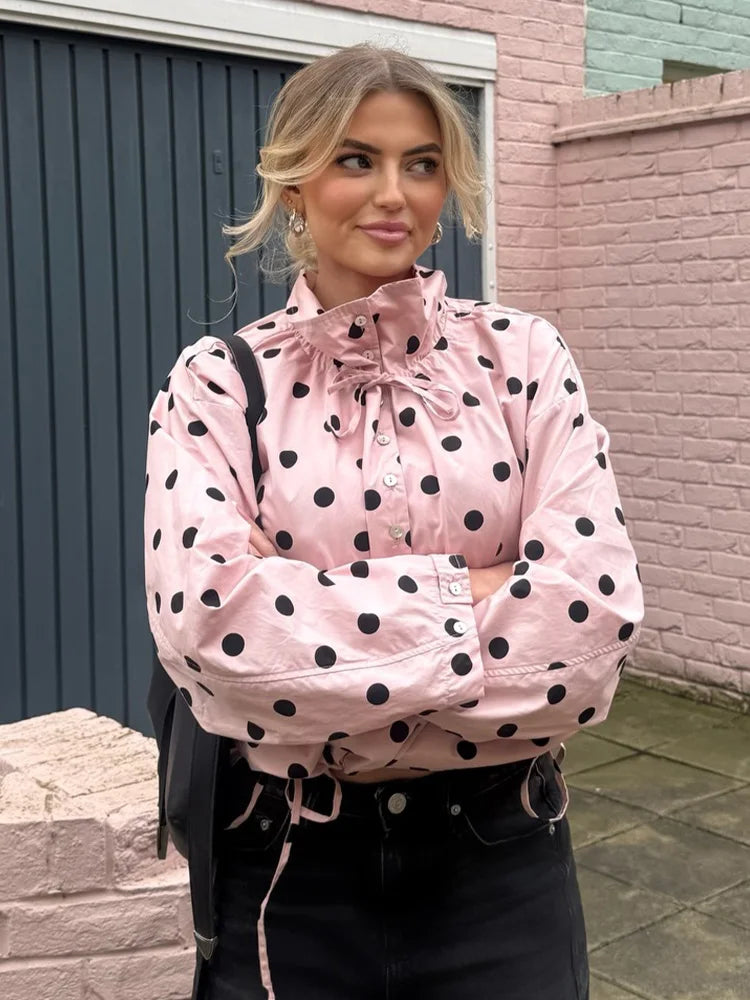 HH Spring Women Casual High Street Jacket Fashion Woman Long Sleeve Pink Polka Dot Jacket Single Breasted High Collar Short Coat
