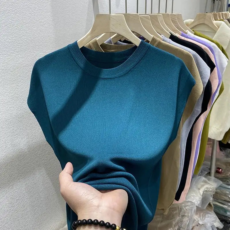 Women's T-shirt Summer O Neck Knitted Fashion Woman Blouse 2026 Short Sleeve Tees Solid Color Ice Silk Oversized T-shirt Women