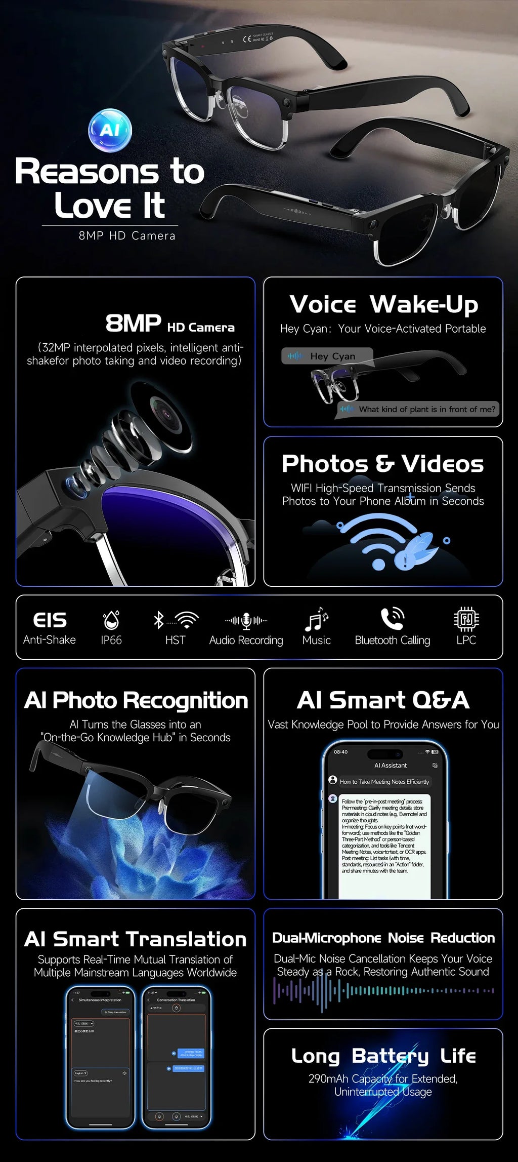 2026 New Smart Glasses with AI Intelligent Q&A Photography Recording Intelligent Translation 800W Camera Bluetooth Smart Glasses