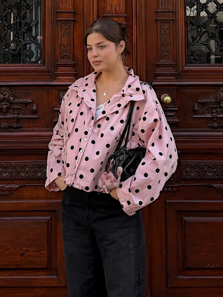 HH Spring Women Casual High Street Jacket Fashion Woman Long Sleeve Pink Polka Dot Jacket Single Breasted High Collar Short Coat