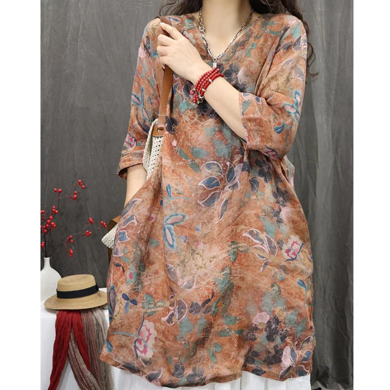 THHONE Fashion Woman Blouse Cotton Linen Casual Blusa Mujer Camisas Women's Clothing Summer Print Loose V-Neck Vintage Shirts