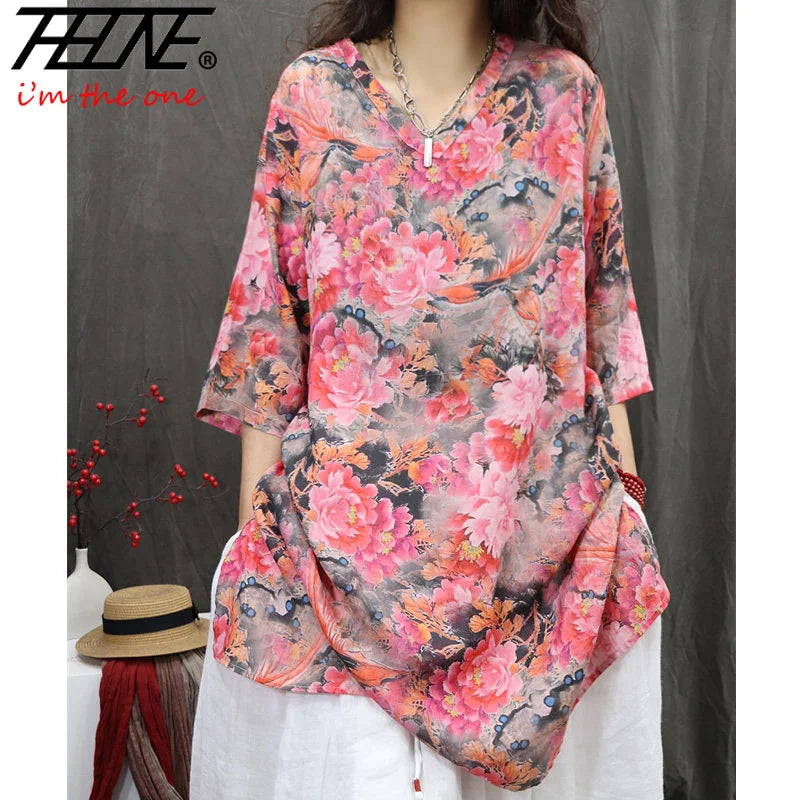 THHONE Fashion Woman Blouse Cotton Linen Casual Blusa Mujer Camisas Women's Clothing Summer Print Loose V-Neck Vintage Shirts