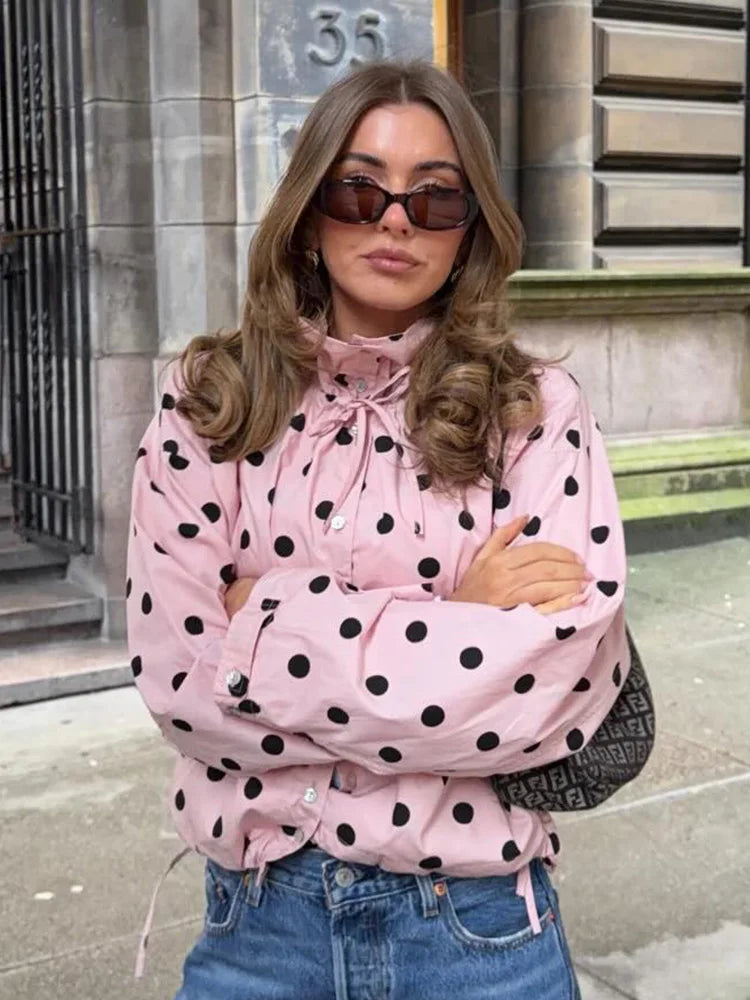 HH Spring Women Casual High Street Jacket Fashion Woman Long Sleeve Pink Polka Dot Jacket Single Breasted High Collar Short Coat