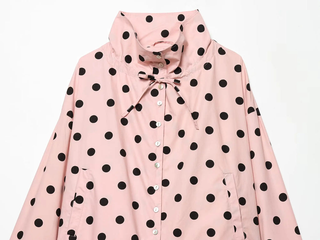HH Spring Women Casual High Street Jacket Fashion Woman Long Sleeve Pink Polka Dot Jacket Single Breasted High Collar Short Coat