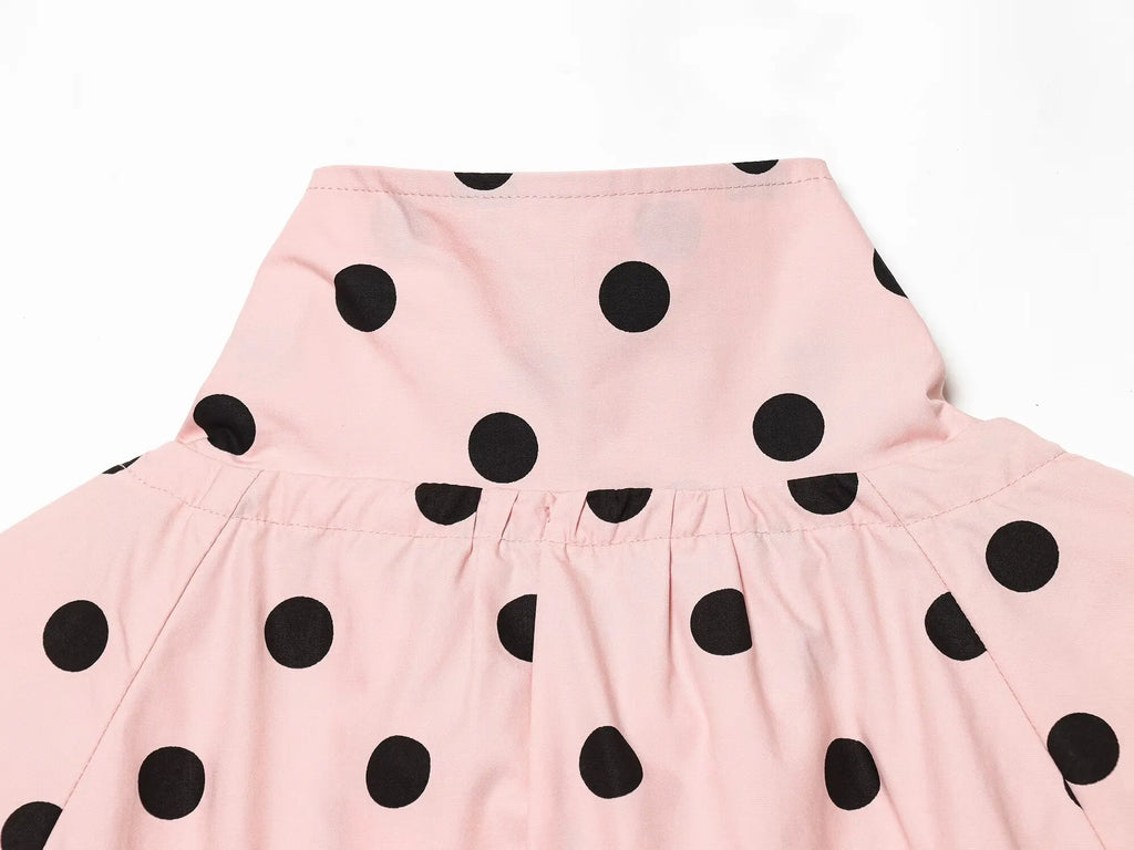 HH Spring Women Casual High Street Jacket Fashion Woman Long Sleeve Pink Polka Dot Jacket Single Breasted High Collar Short Coat