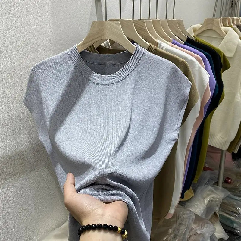 Women's T-shirt Summer O Neck Knitted Fashion Woman Blouse 2026 Short Sleeve Tees Solid Color Ice Silk Oversized T-shirt Women