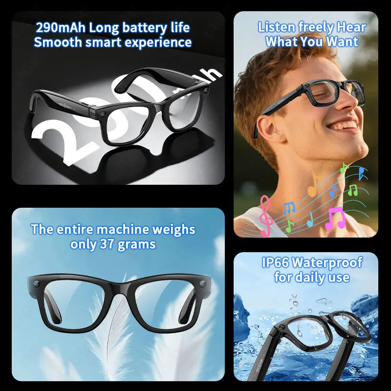 AI 5 Million Pixels Smart Glasses Recording Videos Photo Recognition Answer Translation 290mAh IP66 Waterproof Bluetooth Glasses