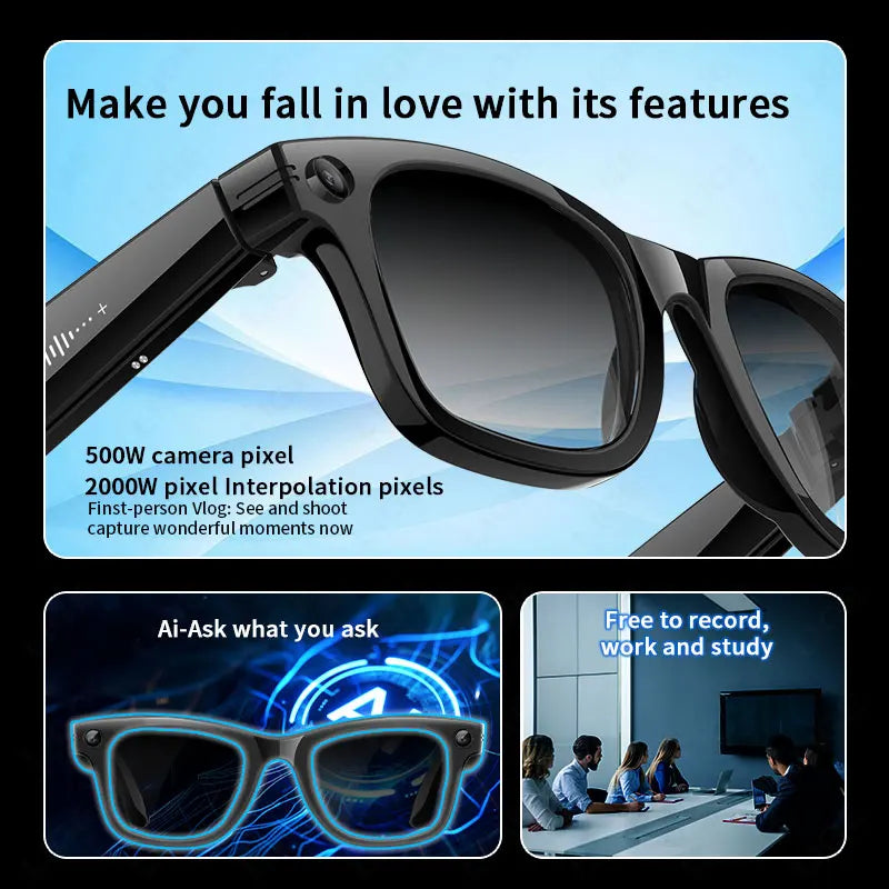 AI 5 Million Pixels Smart Glasses Recording Videos Photo Recognition Answer Translation 290mAh IP66 Waterproof Bluetooth Glasses