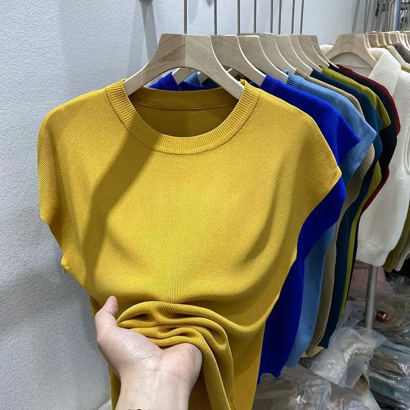 Women's T-shirt Summer O Neck Knitted Fashion Woman Blouse 2026 Short Sleeve Tees Solid Color Ice Silk Oversized T-shirt Women