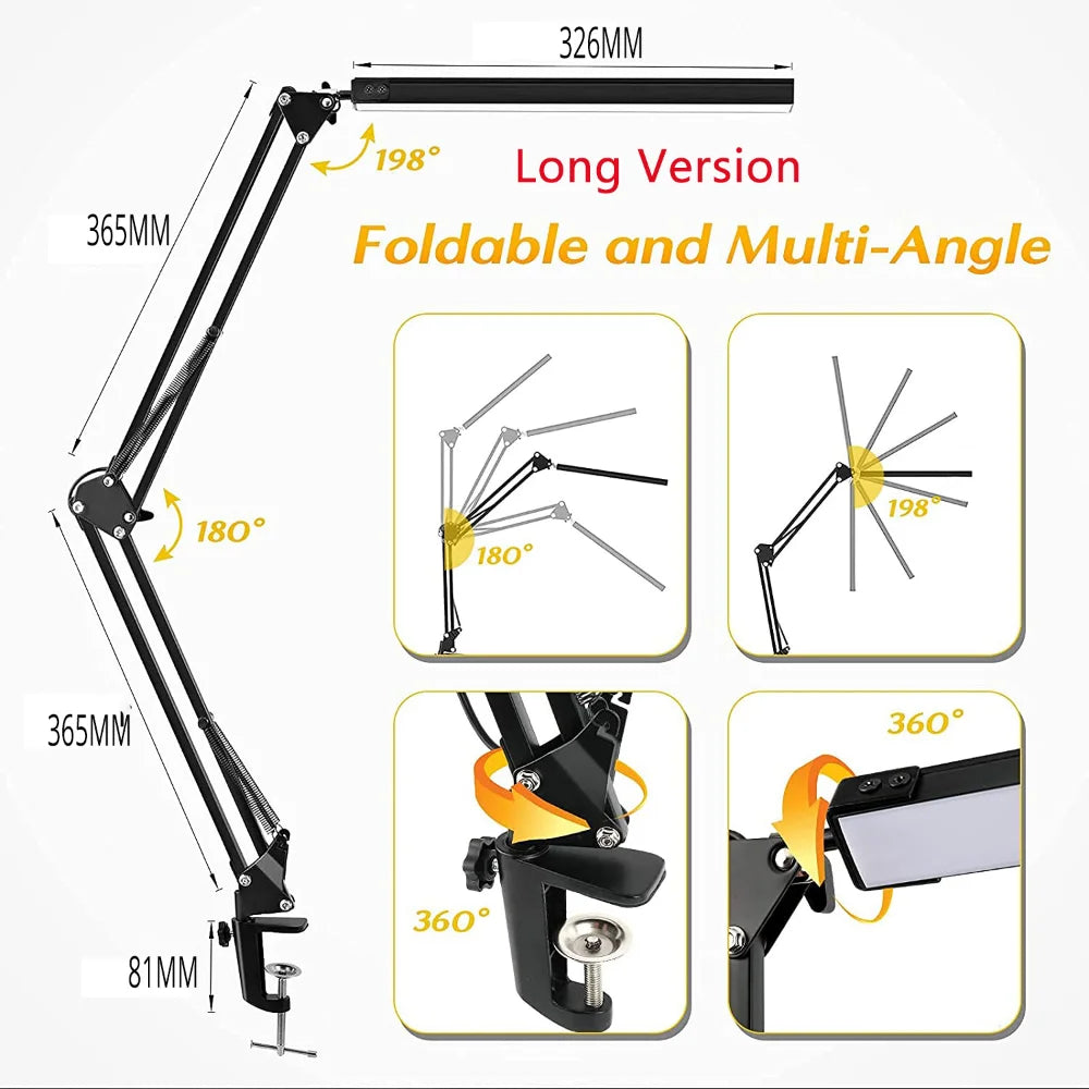 LED Desk Lamp with Clamp 10W Swing Arm Desk Lamp Eye-Caring Dimmable Desk Light with 10 Brightness Level, 3 Lighting Modes