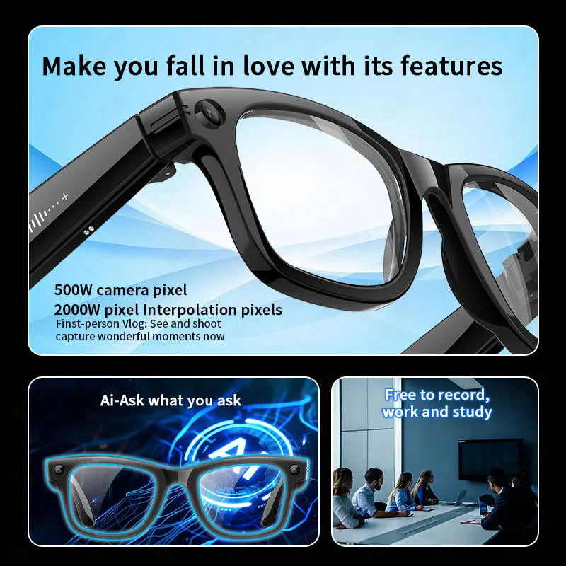 AI 5 Million Pixels Smart Glasses Recording Videos Photo Recognition Answer Translation 290mAh IP66 Waterproof Bluetooth Glasses