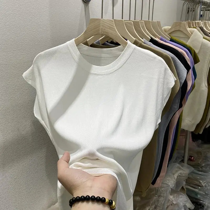 Women's T-shirt Summer O Neck Knitted Fashion Woman Blouse 2026 Short Sleeve Tees Solid Color Ice Silk Oversized T-shirt Women