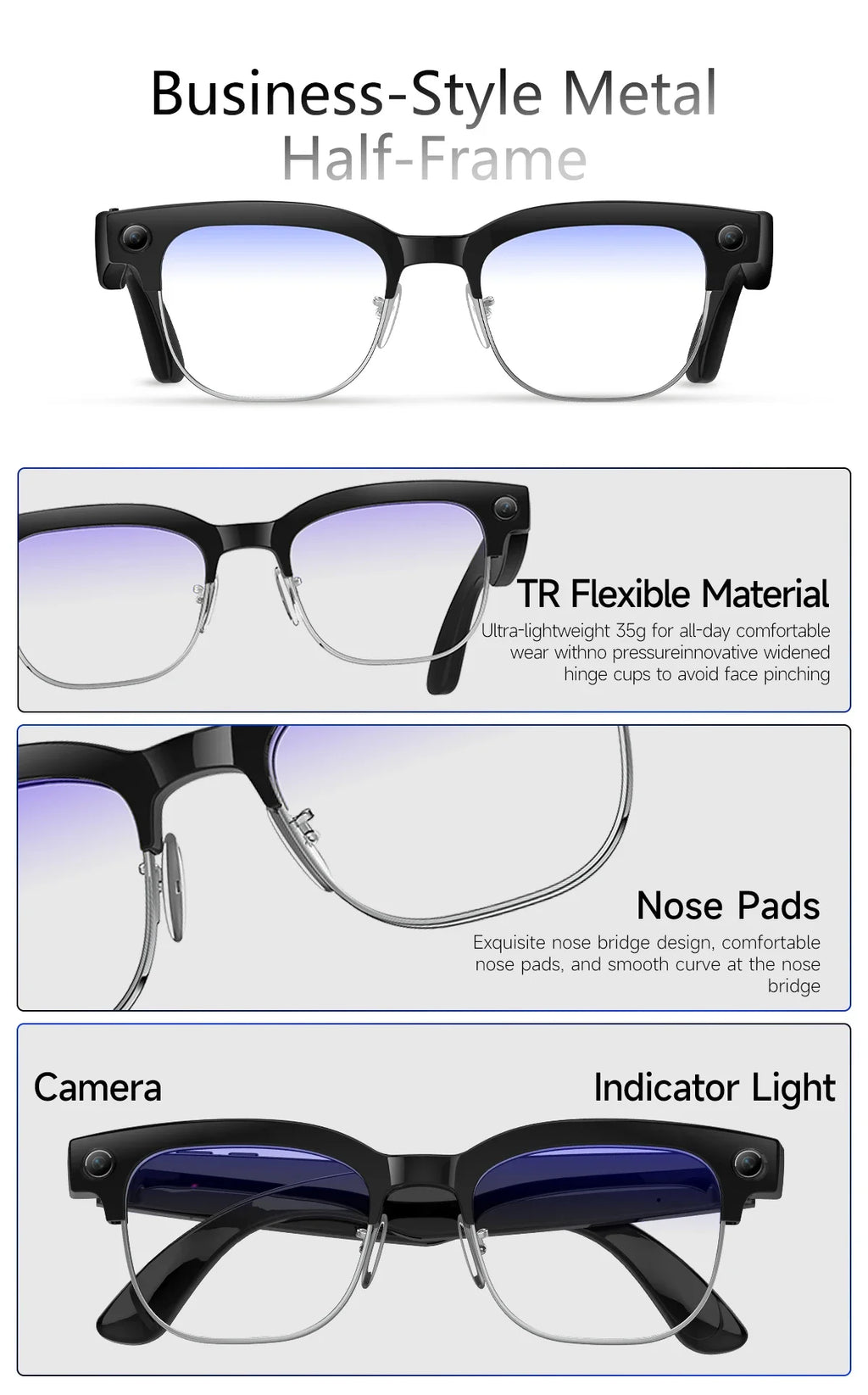 2026 New Smart Glasses with AI Intelligent Q&A Photography Recording Intelligent Translation 800W Camera Bluetooth Smart Glasses