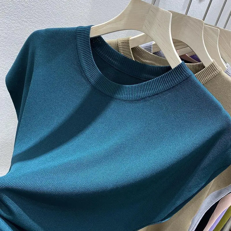 Women's T-shirt Summer O Neck Knitted Fashion Woman Blouse 2026 Short Sleeve Tees Solid Color Ice Silk Oversized T-shirt Women