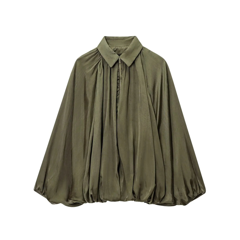 HH 2025 Fashion Woman Casual Zipper Design Solid Coat Spring Women Lapel Bat Sleeve Pleated Design Loose Jacket Top Mujer