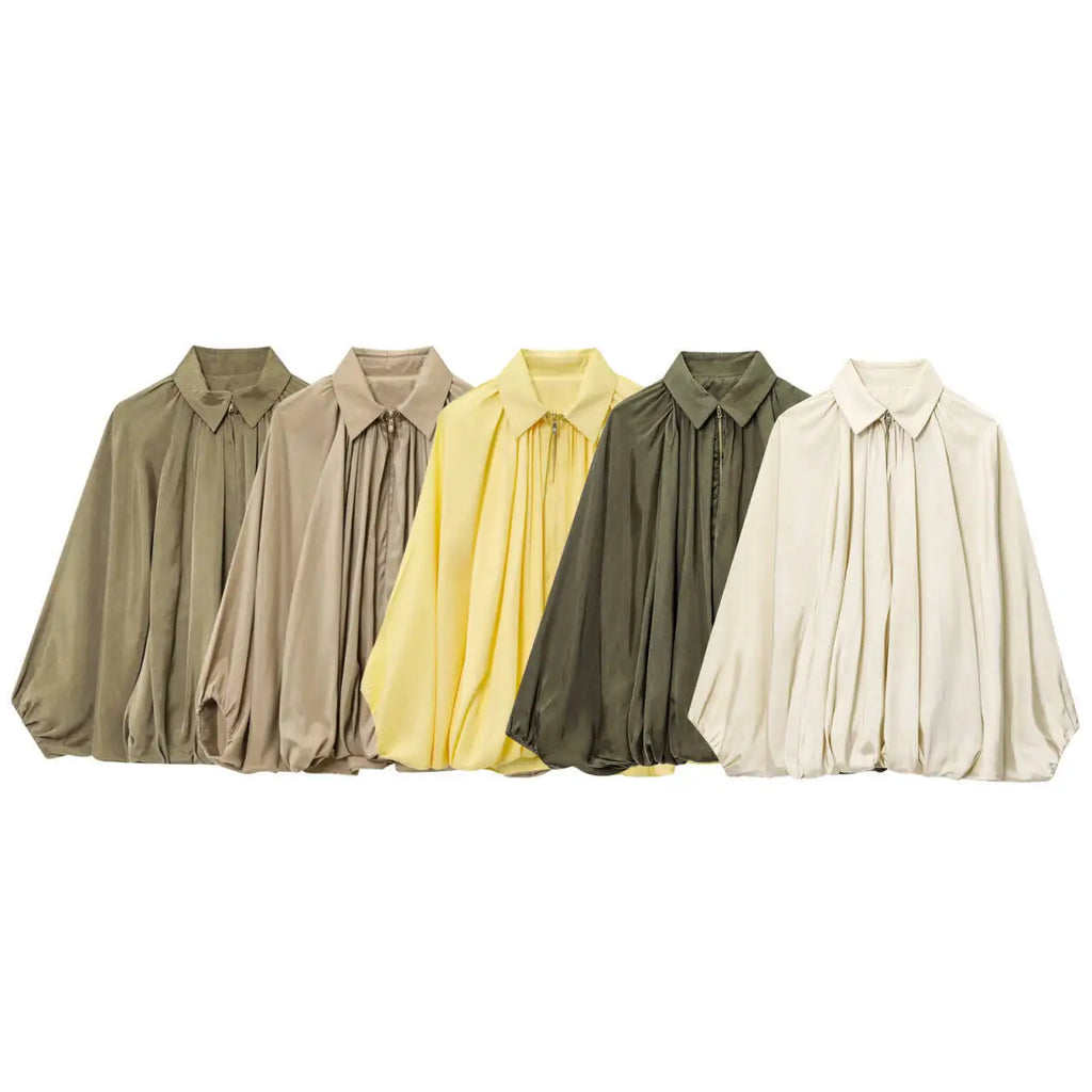 HH 2025 Fashion Woman Casual Zipper Design Solid Coat Spring Women Lapel Bat Sleeve Pleated Design Loose Jacket Top Mujer