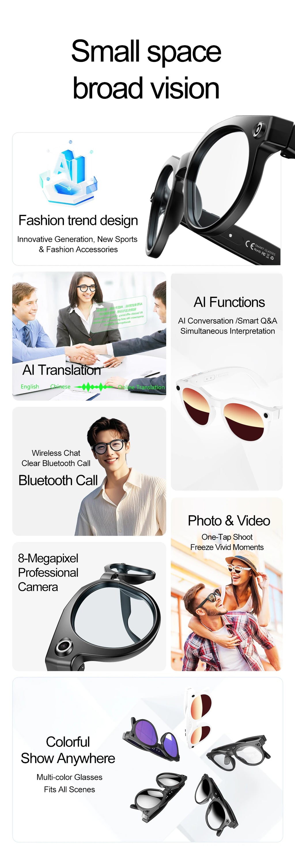 2026 New AI Smart Glasses 8MP Photo&Video Recording Music Playback Voice Wake-Up AI Interaction Translation 290mAh Smart Glasses