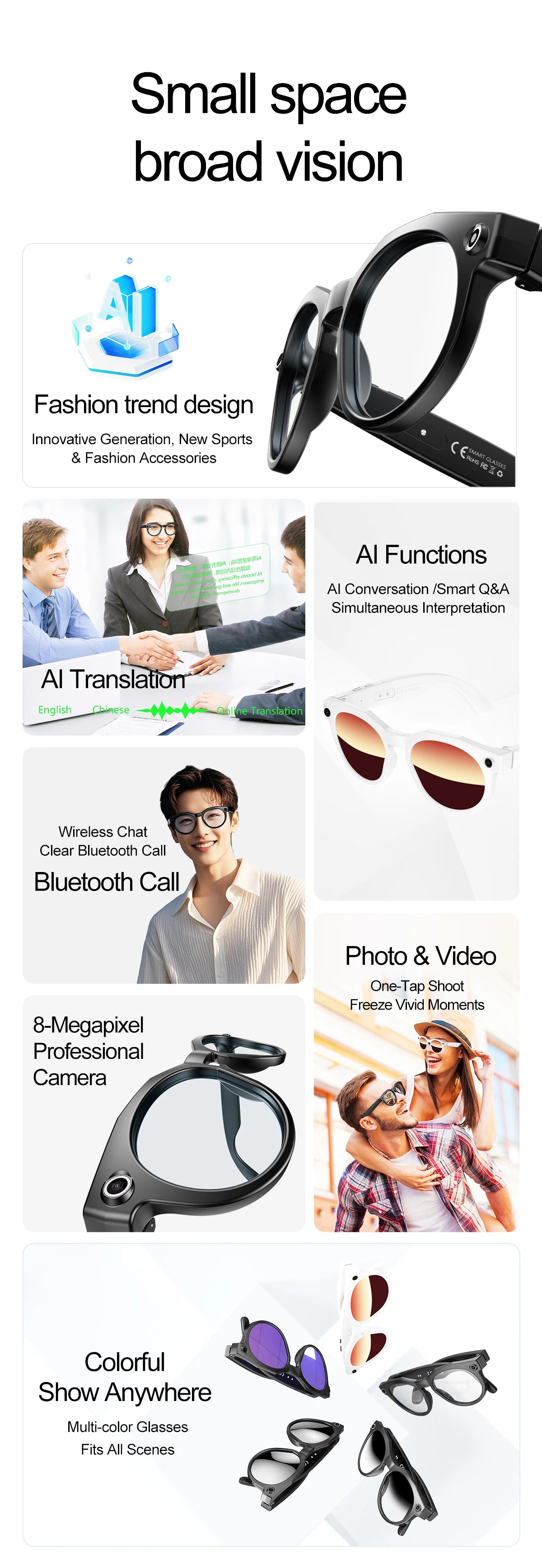 2026 New AI Smart Glasses 8MP Photo&Video Recording Music Playback Voice Wake-Up AI Interaction Translation 290mAh Smart Glasses