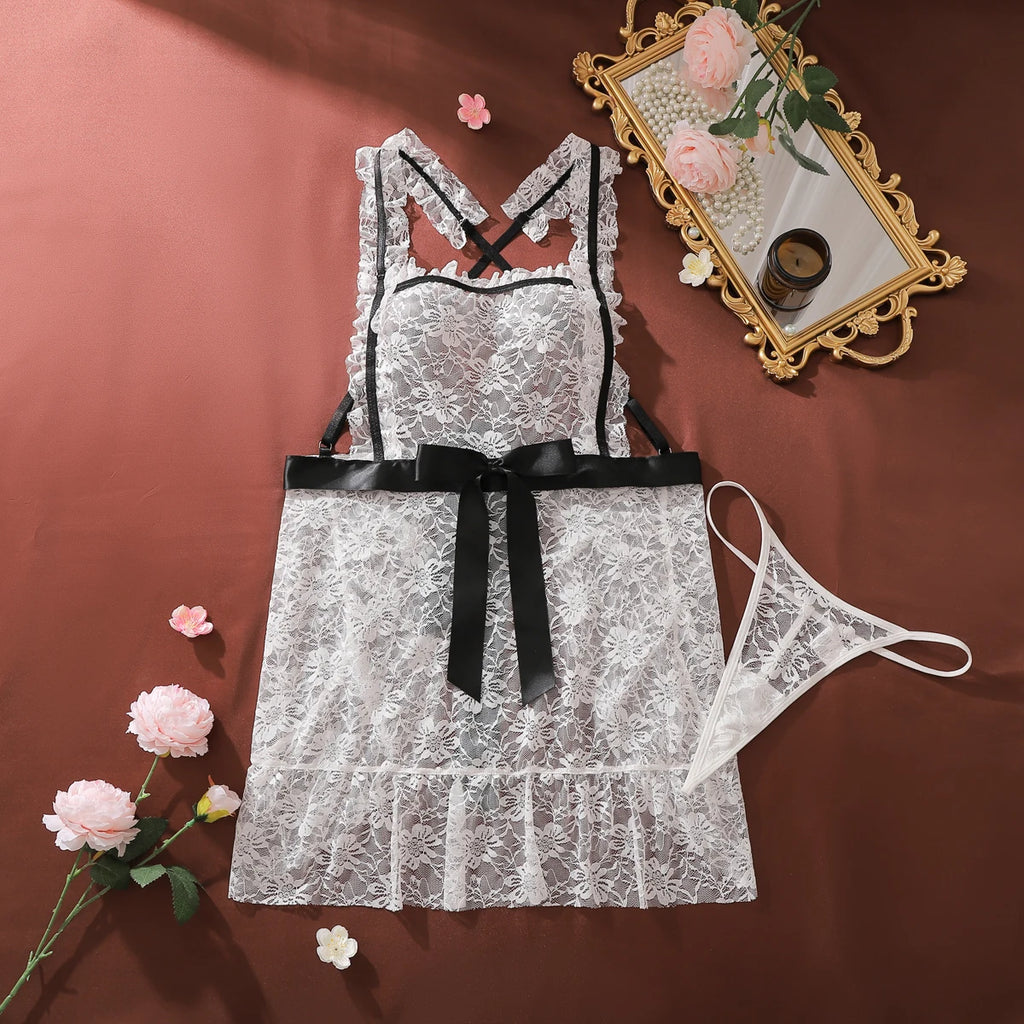 French Fashion Contrasting Heavy Industry Floral Square Collar Hollowed Out Perspective Lace Shapewear Suspender Maid Dress