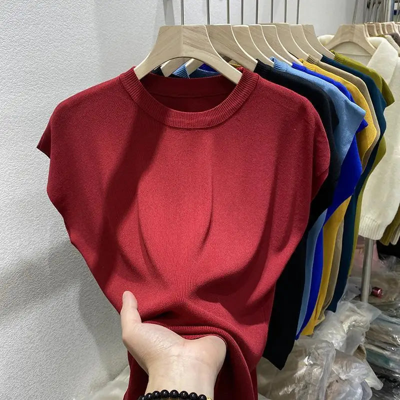 Women's T-shirt Summer O Neck Knitted Fashion Woman Blouse 2026 Short Sleeve Tees Solid Color Ice Silk Oversized T-shirt Women