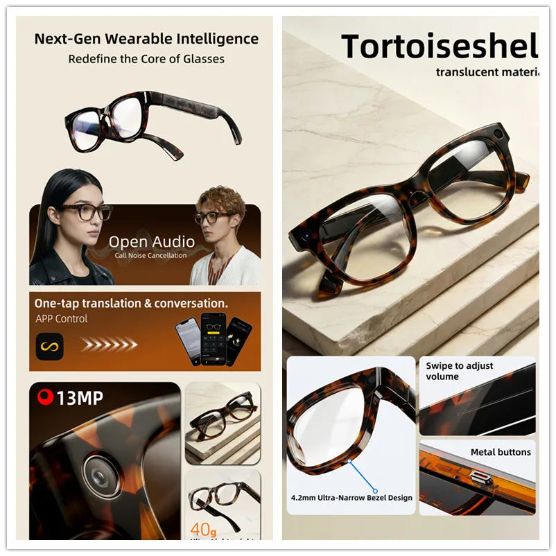 2026New AI Smart Glasses 1300W HD Camera Glasses Photo Recognition Video Record Translation Call Waterproof Sunglasses Men Women